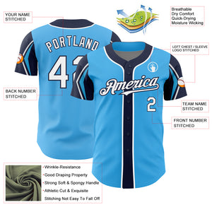 Custom Sky Blue White-Navy 3 Colors Arm Shapes Authentic Baseball Jersey
