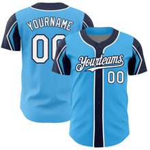 Load image into Gallery viewer, Custom Sky Blue White-Navy 3 Colors Arm Shapes Authentic Baseball Jersey
