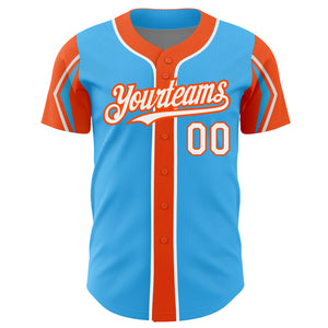 Custom Sky Blue White-Orange 3 Colors Arm Shapes Authentic Baseball Jersey