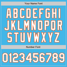 Load image into Gallery viewer, Custom Sky Blue White-Orange 3 Colors Arm Shapes Authentic Baseball Jersey
