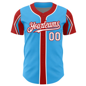 Custom Sky Blue White-Red 3 Colors Arm Shapes Authentic Baseball Jersey