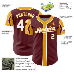 Custom Burgundy White-Gold 3 Colors Arm Shapes Authentic Baseball Jersey