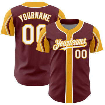 Custom Burgundy White-Gold 3 Colors Arm Shapes Authentic Baseball Jersey