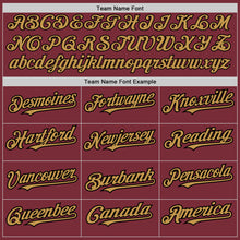 Load image into Gallery viewer, Custom Burgundy Old Gold-Black 3 Colors Arm Shapes Authentic Baseball Jersey
