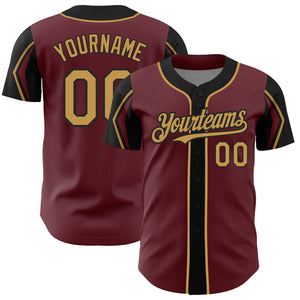 Custom Burgundy Old Gold-Black 3 Colors Arm Shapes Authentic Baseball Jersey