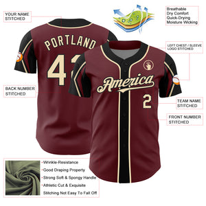 Custom Burgundy City Cream-Black 3 Colors Arm Shapes Authentic Baseball Jersey