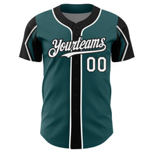 Load image into Gallery viewer, Custom Midnight Green White-Black 3 Colors Arm Shapes Authentic Baseball Jersey
