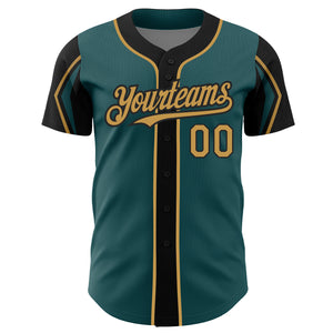 Custom Midnight Green Old Gold-Black 3 Colors Arm Shapes Authentic Baseball Jersey