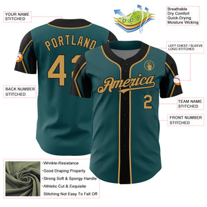 Custom Midnight Green Old Gold-Black 3 Colors Arm Shapes Authentic Baseball Jersey