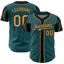 Load image into Gallery viewer, Custom Midnight Green Old Gold-Black 3 Colors Arm Shapes Authentic Baseball Jersey
