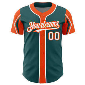 Custom Midnight Green White-Orange 3 Colors Arm Shapes Authentic Baseball Jersey