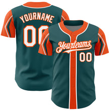 Load image into Gallery viewer, Custom Midnight Green White-Orange 3 Colors Arm Shapes Authentic Baseball Jersey
