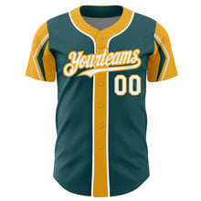Load image into Gallery viewer, Custom Midnight Green White-Gold 3 Colors Arm Shapes Authentic Baseball Jersey
