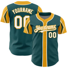 Load image into Gallery viewer, Custom Midnight Green White-Gold 3 Colors Arm Shapes Authentic Baseball Jersey
