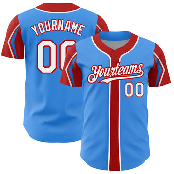 Custom Electric Blue White-Red 3 Colors Arm Shapes Authentic Baseball Jersey