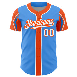 Custom Electric Blue White-Orange 3 Colors Arm Shapes Authentic Baseball Jersey