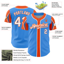 Load image into Gallery viewer, Custom Electric Blue White-Orange 3 Colors Arm Shapes Authentic Baseball Jersey
