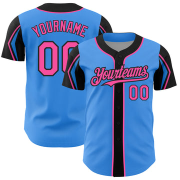 Custom Electric Blue Pink-Black 3 Colors Arm Shapes Authentic Baseball Jersey