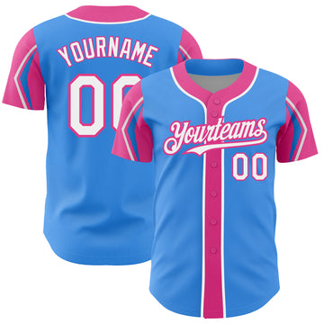 Custom Electric Blue White-Pink 3 Colors Arm Shapes Authentic Baseball Jersey