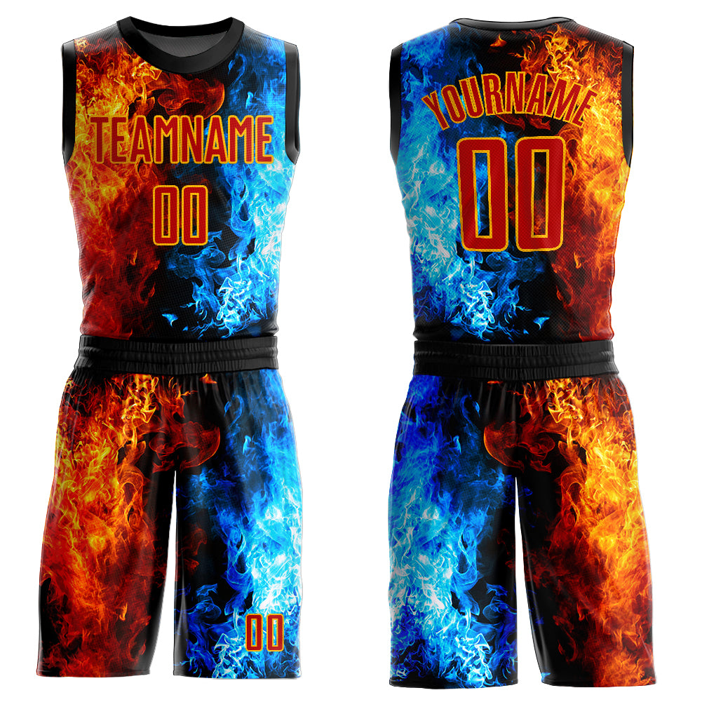 Custom Figure Red-Gold Flame Round Neck Sublimation Basketball Suit Jersey