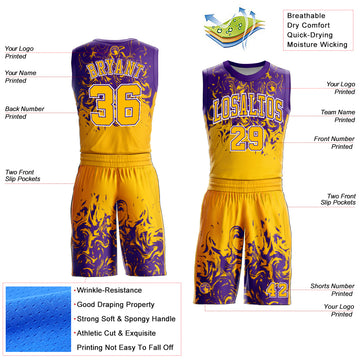 Custom Gold White-Purple Round Neck Sublimation Basketball Suit Jersey