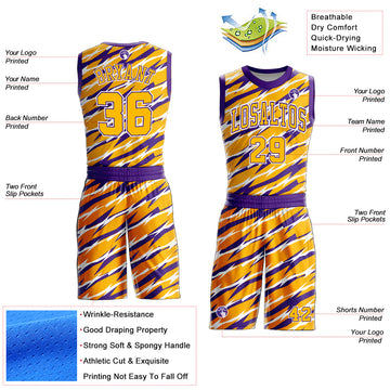 Custom Gold Purple-White Round Neck Sublimation Basketball Suit Jersey