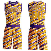 Load image into Gallery viewer, Custom Gold Purple-White Round Neck Sublimation Basketball Suit Jersey
