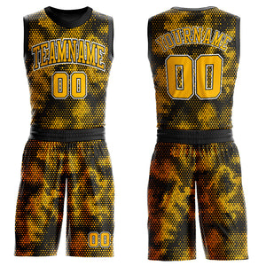 Custom Black Gold-White Round Neck Sublimation Basketball Suit Jersey