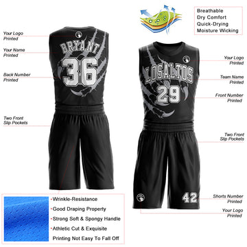 Custom Black White Animals Claws Round Neck Sublimation Basketball Suit Jersey
