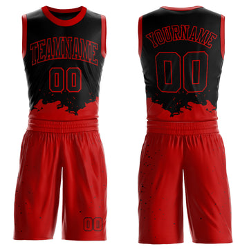 Custom Black Red Color Splash Round Neck Sublimation Basketball Suit Jersey