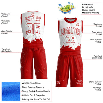 Custom White Red Color Splash Round Neck Sublimation Basketball Suit Jersey