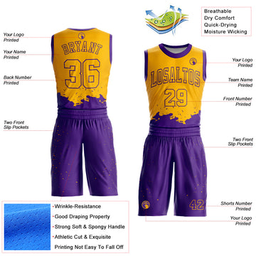 Custom Gold Purple Color Splash Round Neck Sublimation Basketball Suit Jersey