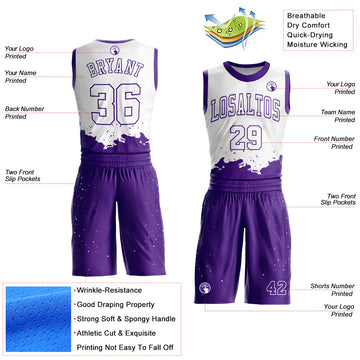 Custom White Purple Color Splash Round Neck Sublimation Basketball Suit Jersey