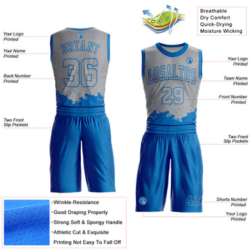 Custom Gray Blue Color Splash Round Neck Sublimation Basketball Suit Jersey