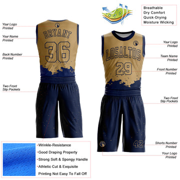 Custom Old Gold Navy Color Splash Round Neck Sublimation Basketball Suit Jersey