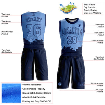 Custom Light Blue Navy Color Splash Round Neck Sublimation Basketball Suit Jersey