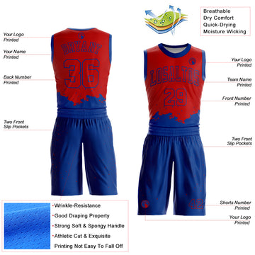 Custom Red Royal Color Splash Round Neck Sublimation Basketball Suit Jersey