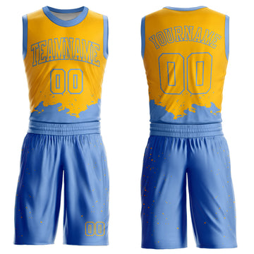 Custom Yellow Light Blue Color Splash Round Neck Sublimation Basketball Suit Jersey