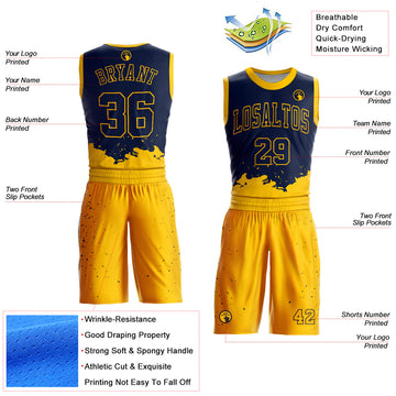 Custom Navy Yellow Color Splash Round Neck Sublimation Basketball Suit Jersey