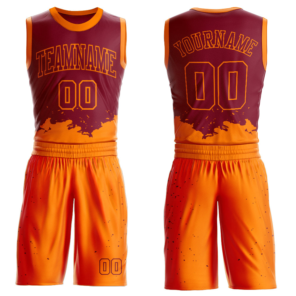 Custom Maroon Bay Orange Color Splash Round Neck Sublimation Basketball Suit Jersey