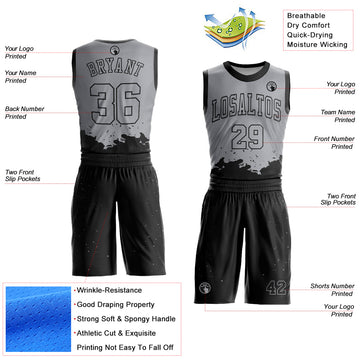 Custom Gray Black Color Splash Round Neck Sublimation Basketball Suit Jersey