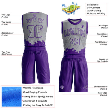 Custom Gray Purple Color Splash Round Neck Sublimation Basketball Suit Jersey