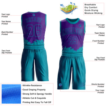 Custom Purple Teal Color Splash Round Neck Sublimation Basketball Suit Jersey