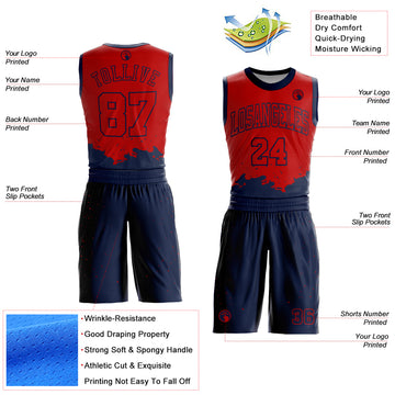Custom Red Navy Color Splash Round Neck Sublimation Basketball Suit Jersey