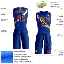 Load image into Gallery viewer, Custom Royal Purple-Yellow Diagonal Lines Round Neck Sublimation Basketball Suit Jersey
