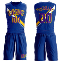 Load image into Gallery viewer, Custom Royal Purple-Yellow Diagonal Lines Round Neck Sublimation Basketball Suit Jersey
