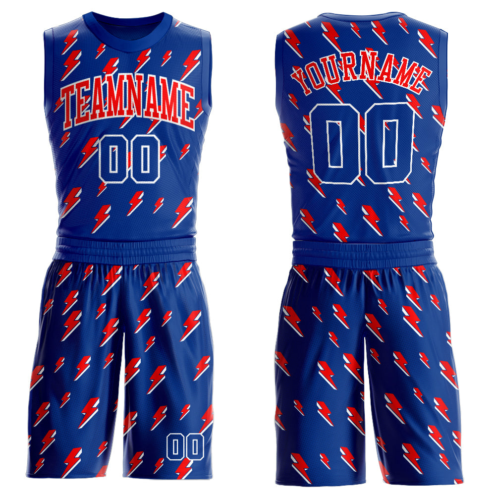 Custom Royal Red-White Lightning Shapes Round Neck Sublimation Basketball Suit Jersey