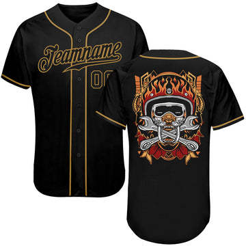 Custom Black Black-Old Gold Authentic Skull Fashion Baseball Jersey