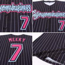 Load image into Gallery viewer, Custom Black White Pinstripe Pink-Light Blue Authentic Baseball Jersey
