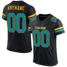 Load image into Gallery viewer, Custom Black Teal-Gold Mesh Authentic Football Jersey
